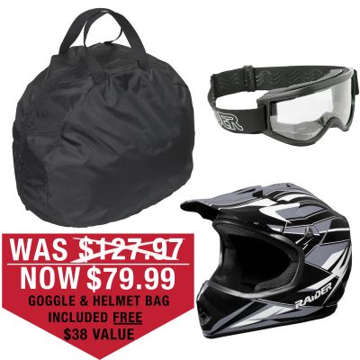 RAIDER GX3 Youth Helmet Kit - Black / Silver Helmet **FREE Goggles and Helmet Bag**