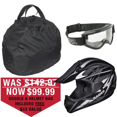 RAIDER RX1 Adult Helmet Kit - Black / Silver Helmet **FREE Goggles and Helmet Bag**