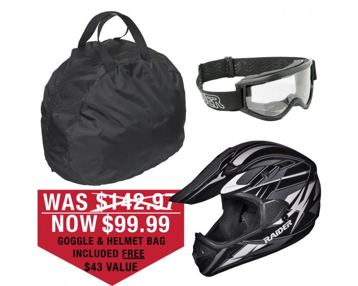 RAIDER RX1 Adult Helmet Kit - Black / Silver Helmet, FREE Goggles